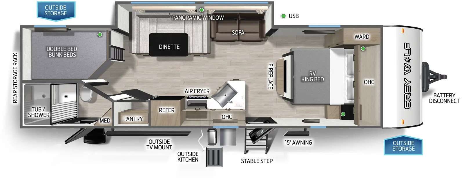 The Grey Wolf 26DBH floorplan has two entries and one slide out. Exterior features include: metal exterior, 15' awning and outside kitchen. Interiors features include: bunk beds, u-dinette and front bedroom.